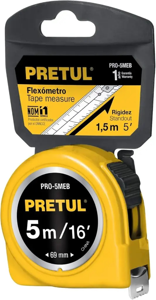 PRO-5MEB, Flexómetro, amarillo, 5m, cinta 19mm tarjeta plástica