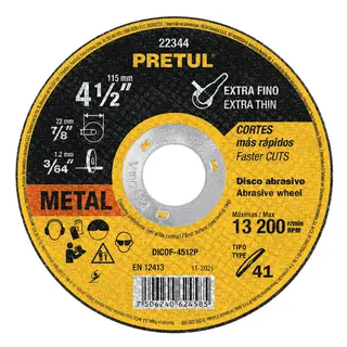 Disco de corte tipo 41 4-1/2 X 1.2 Mm corte fino metal Pretul