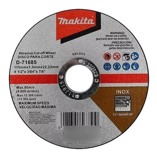 Disco de corte Makita 4-1/2 pulg metal acero inoxidable D-71685 115mmx1mm